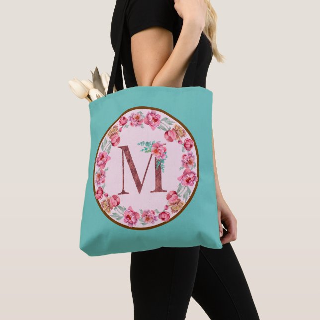 Monogram M Letter with Peony Flower Image Tote Bag (Close Up)