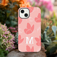 Monogram M Modern Coral Pink Butterfly Pattern