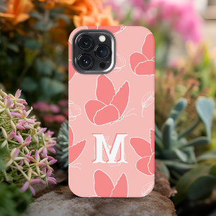 Monogram M Modern Coral Pink Butterfly Pattern iPhone 13 Pro Max Case
