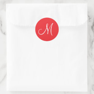 MONOGRAM M, Red and White, Classic Round Sticker