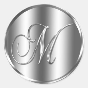 Monogram M Silver Colour Wedding Invitation Holida Classic Round Sticker