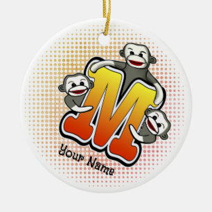 Monogram M Sock Monkey  Ceramic Tree Decoration