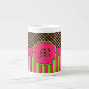 Monogram M Tartan China Mug, Neon/Pink Bone China Mug