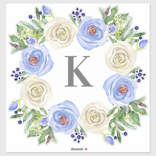 Monogram M Wedding Blue n White Rose Floral Wreath (Sheet)