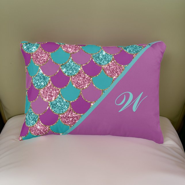 Monogram Magenta Purple Pink Teal Mermaid Scales  Decorative Cushion (Creator Uploaded)