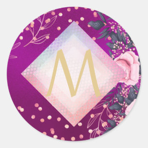 Monogram Magenta Rosegold Pink Metallic Glitter Classic Round Sticker