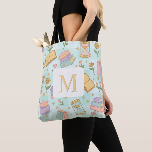 Monogram Magic Books Tote Bag Girly Mint Green (Close Up)