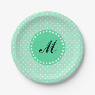 Monogram Magic Mint and White Polka Dot Paper Plate