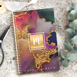 Monogram marble watercolor gold purple blue green planner<br><div class="desc">A sparkly, faux gold foil rectangle with a script typography monogram initial overlays a rich, gold veined, navy blue, hunter green, pink, and purple watercolor background on this chic, elegant, trendy, custom name yearly planner. Personalise with your initial. This planner comes in 2 sizes: small (5.5”x8.5”) and medium (8.5”x11”). Makes...</div>