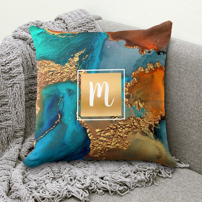 Monogram marble watercolor gold turquoise orange cushion (Creator Uploaded)