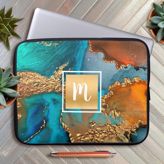 Monogram marble watercolor gold turquoise orange laptop sleeve (Creator Uploaded)