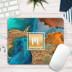Monogram marble watercolor gold turquoise orange mouse pad