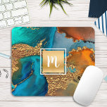 Monogram marble watercolor gold turquoise orange mouse pad<br><div class="desc">A sparkly, faux gold foil square with a script typography monogram initial overlays a rich, gold veined, turquoise blue, and yellow orange watercolor background on this elegant, trendy, girly, monogramed mousepad. Makes a chic and stylish statement every time you use it. A great gift for a friend, as well as...</div>