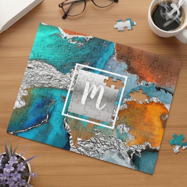 Monogram marble watercolor silver turquoise orange jigsaw puzzle (Creator Uploaded)