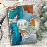 Monogram marble watercolor silver turquoise orange planner<br><div class="desc">A sparkly, faux silver foil square with a script typography monogram initial overlays a rich, silver veined, turquoise blue, and yellow orange watercolor background on this chic, elegant, trendy, custom name yearly planner. Personalise with your initial. This planner comes in 2 sizes: small (5.5”x8.5”) and medium (8.5”x11”). Makes a fun...</div>