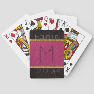 Monogram Maroon Rustic Burlap Wood Look Playing Cards