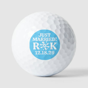 Monogram MARRIED White Snowflake & Blue Background Golf Balls