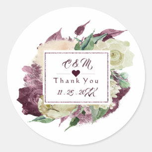 Monogram Marsala Burgund Wedding Favour Floral Rus Classic Round Sticker