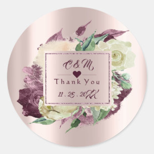 Monogram Marsala Burgund Wedding Favour Frame Rose Classic Round Sticker