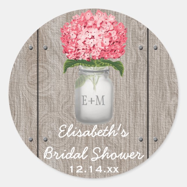 Monogram Mason Jar Fuchsia Hydrangea Bridal Shower Classic Round Sticker (Front)