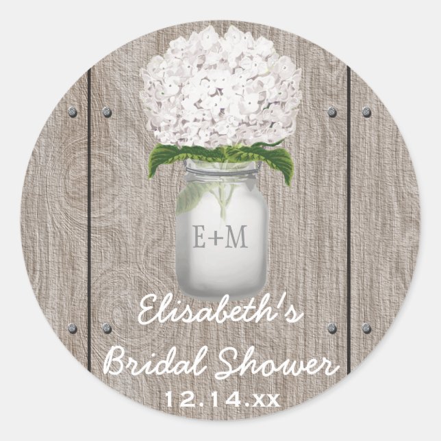 Monogram Mason Jar White Hydrangea Bridal Shower Classic Round Sticker (Front)