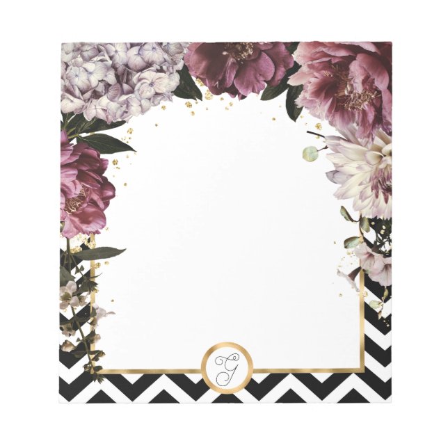 Monogram Mauve Flowers and Gold with Chevron Notepad (Front)