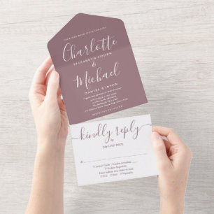 Monogram Mauve Modern Script Wedding All In One Invitation