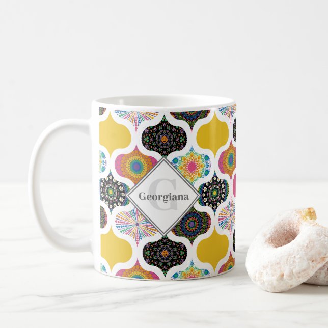 Monogram Maximalist Rainbow Dot Mandalas Patchwork Coffee Mug (With Donut)