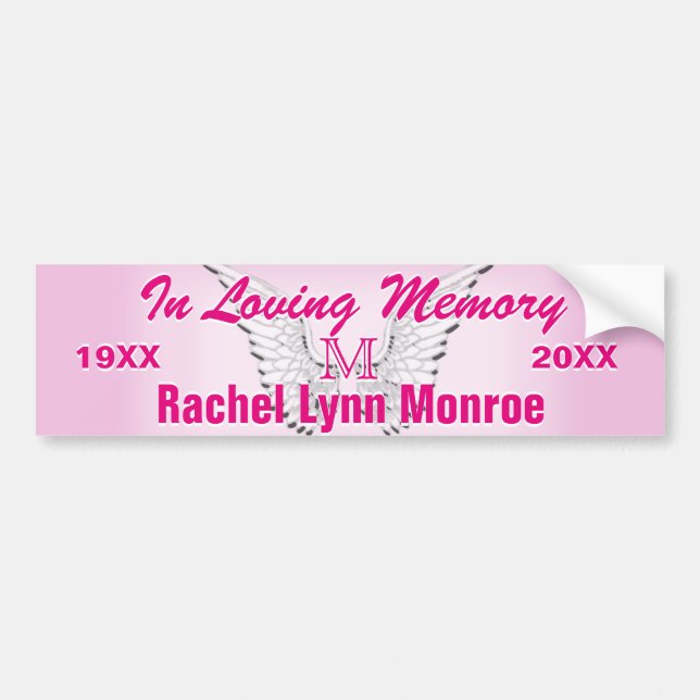 Monogram Memorial Angel Wings Pink Bumper Sticker (Front)