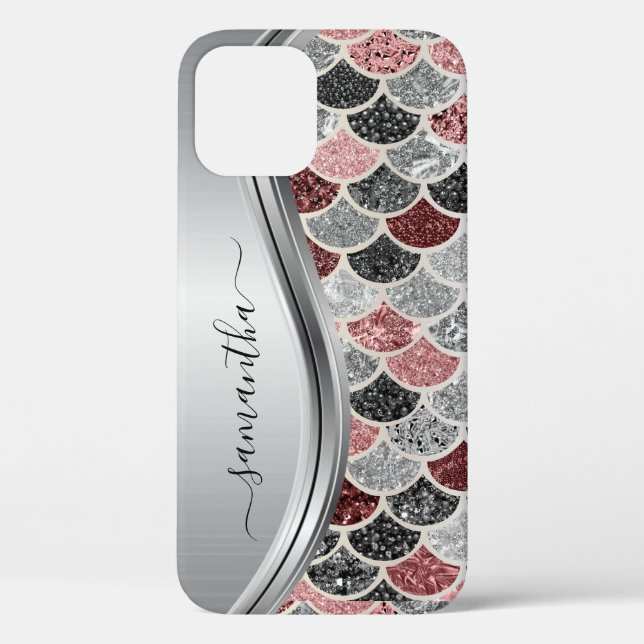 Monogram Mermaid Scale Glitter Pink Silver Name Case-Mate iPhone Case (Back)
