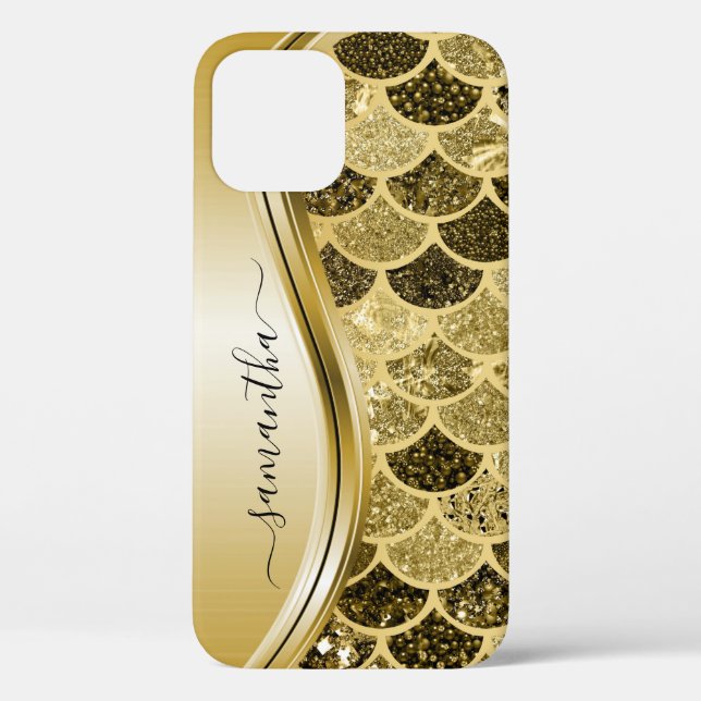 Monogram Mermaid Scale Glitter Yellow Gold Name Case-Mate iPhone Case (Back)