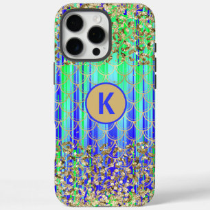 Monogram Mermaid Scales Green Blue Gold Glitter iPhone 16 Pro Max Case