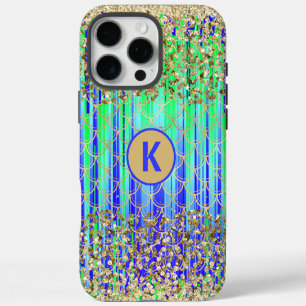 Monogram Mermaid Scales Green Blue Gold Glitter iPhone 16 Pro Max Case