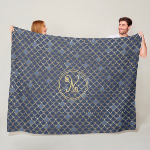 Monogram Mermaid Scales Navy Blue Gold Bathroom Fleece Blanket