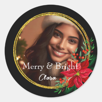 Monogram Merry Bright Christmas Photo Gold Red Classic Round Sticker