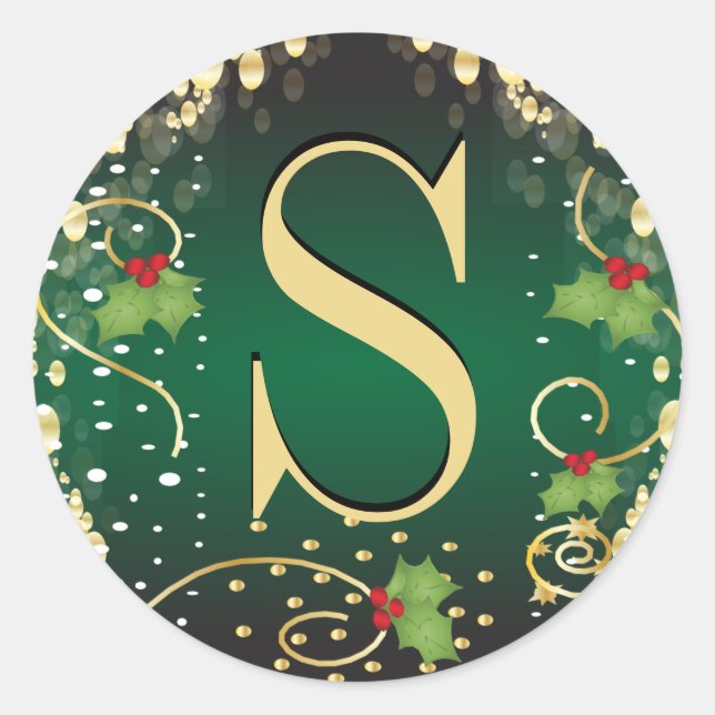 Monogram Merry Christmas - Green Classic Round Sticker (Front)