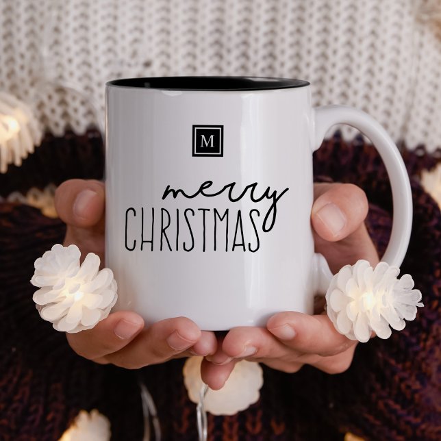 Monogram Merry Christmas Modern Two-Tone Coffee Mug (Merry Christmas Holiday motivation quote in modern typography with a simple monogram.)