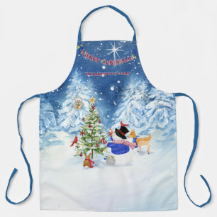 Monogram Merry Christmas Snowman Star Snowy Night Apron