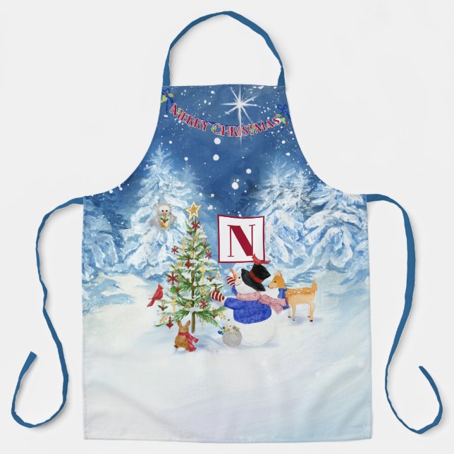 Monogram Merry Christmas Snowman Star Snowy Night Apron (Front)