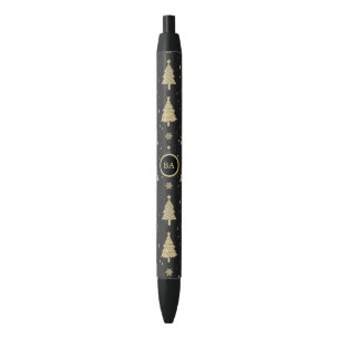 Monogram Merry Christmas Tree Snow Gold Star Black Ink Pen