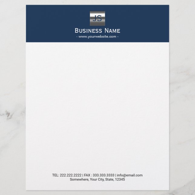 Monogram Metal Logo Navy Blue Modern Professional Customized Letterhead (Front)