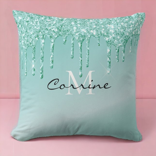 Monogram Metallic Aqua Blue Dripping Glitter Cushion (Creator Uploaded)