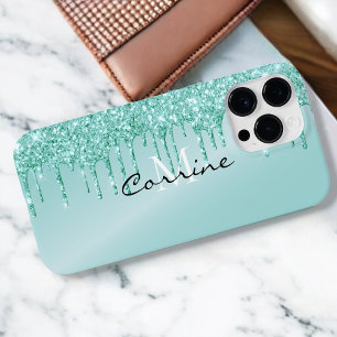 Monogram Metallic Aqua Blue Glitter Drip Android + iPhone 14 Pro Max Case