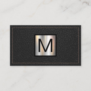 Monogram Metallic Banner Stitched Black Leather Business Card