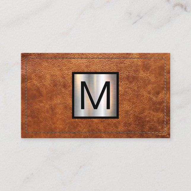 Monogram Metallic Banner | Stitched Brown Leather Business Card (Front)