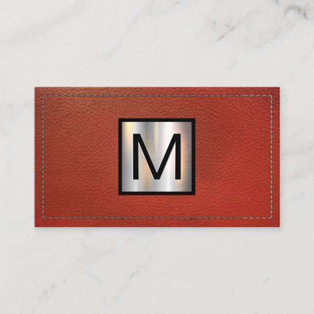 Monogram Metallic Banner | Stitched Red Leather Business Card (Front)