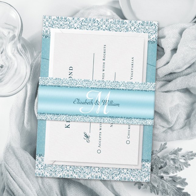 Monogram Metallic Blue Glitter Wedding Invitation Belly Band (Creator Uploaded)