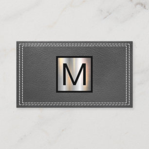 Monogram Metallic   Double Stitched Grey Leather Business Card