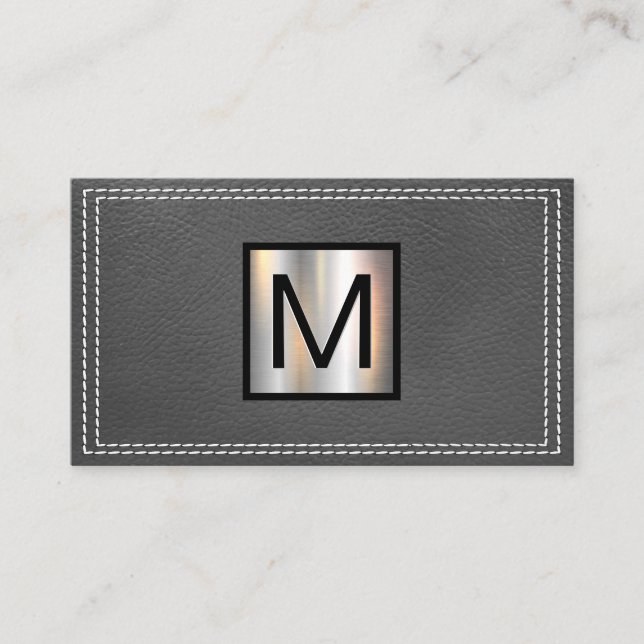 Monogram Metallic | Double Stitched Grey Leather Business Card (Front)