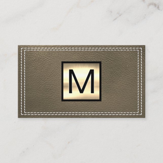 Monogram Metallic | Double Stitched Sepia Leather Business Card (Front)